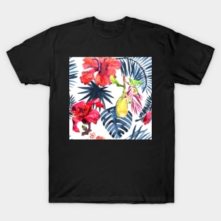 Watercolor tropical leaves and plants. Hand painted jungle greenery background T-Shirt